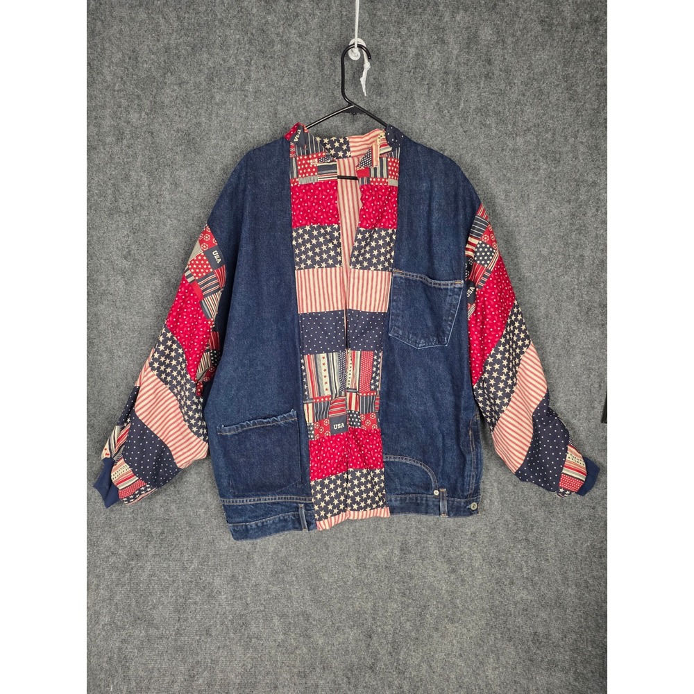 VTG Old Navy Blue Jeans Denim Jacket Women's Size 14 Patchwork Stars Stripes USA